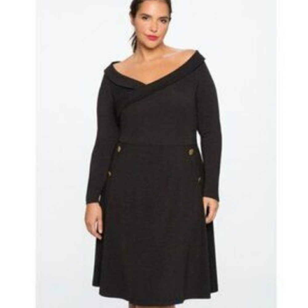 Eloquii NWT Long Sleeve Midi Dress 16 Black Fit and Flare Gold Sailor Buttons